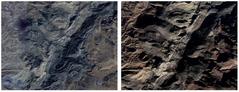 图3边沟脑山体削坡开级前后高清影像（左:2017年,右:2019年）